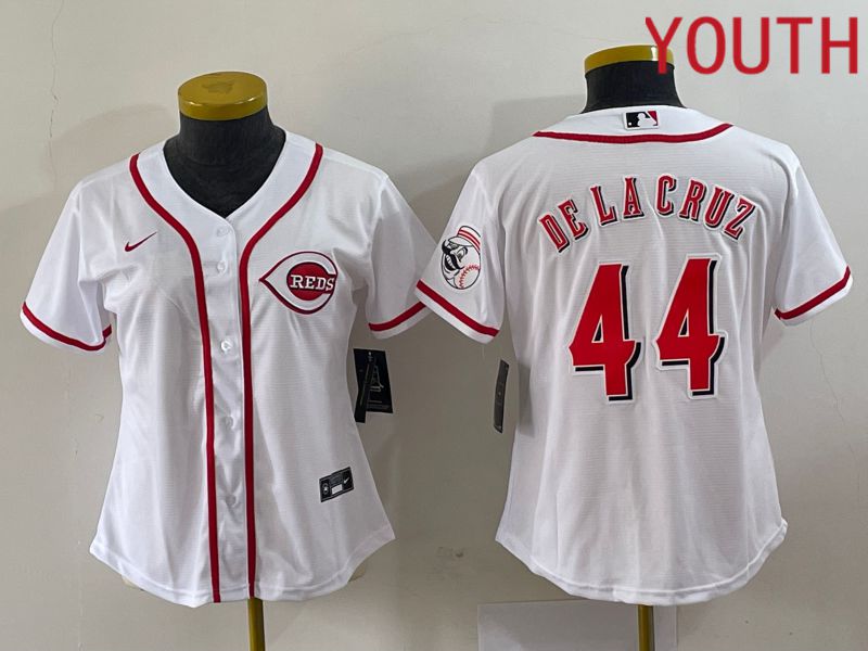 Youth Cincinnati Reds #44 De La Cruz White Nike 2023 Game MLB Jersey1->women mlb jersey->Women Jersey